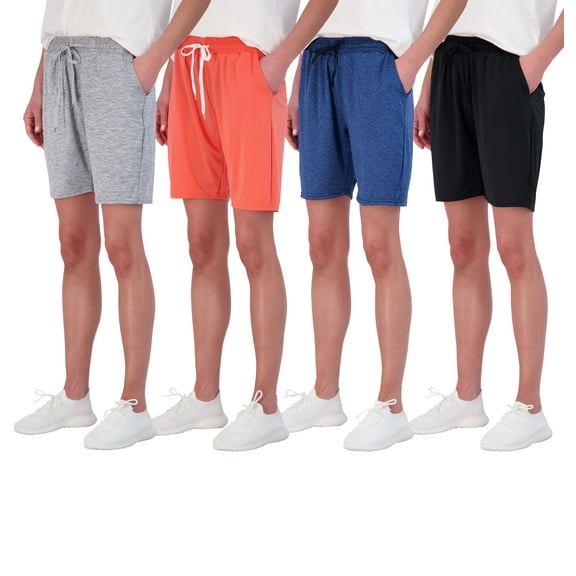 Real Essentials 4 Pack: Women's Dry-Fit Athletic 7" Bermuda Long High Waisted Running Shorts (Available In Plus Size)
