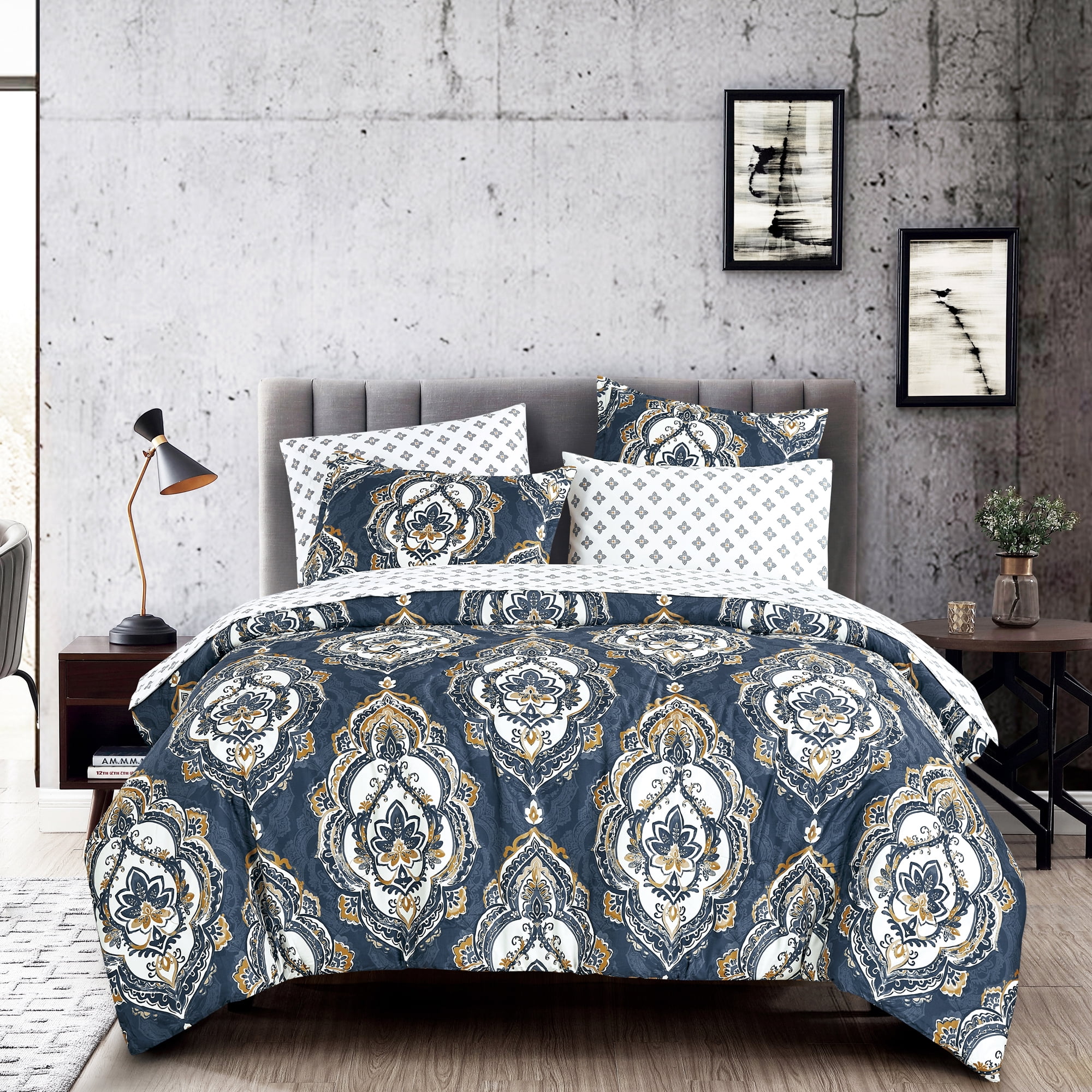Navy Blue & Gold Damask Print Bedding Set - All-in-One Comforter & Sheet Collection, Twin