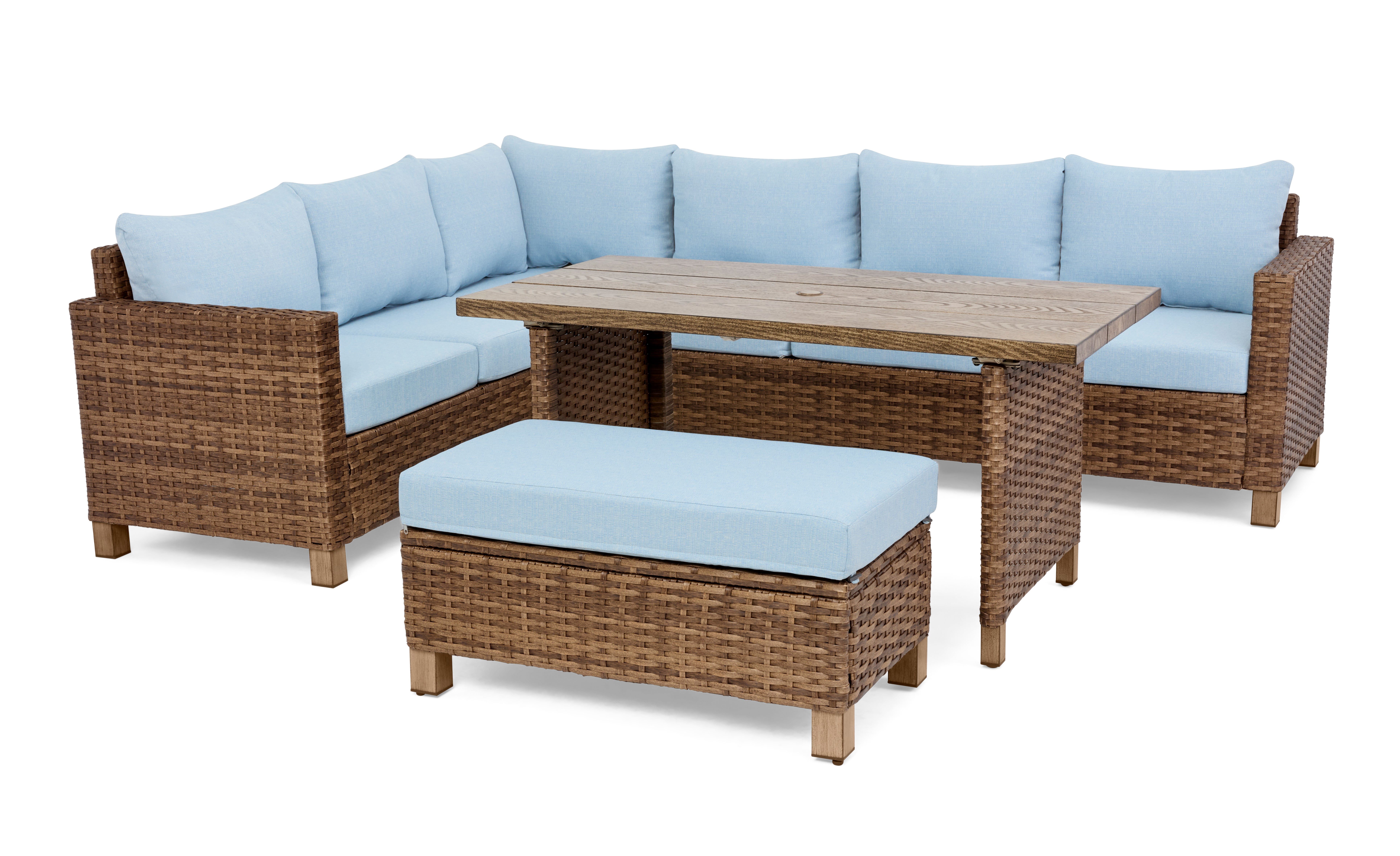 Better Homes & Gardens Brookbury 4-Piece Outdoor Wicker Patio Sectional Dining Set, Blue Cushions
