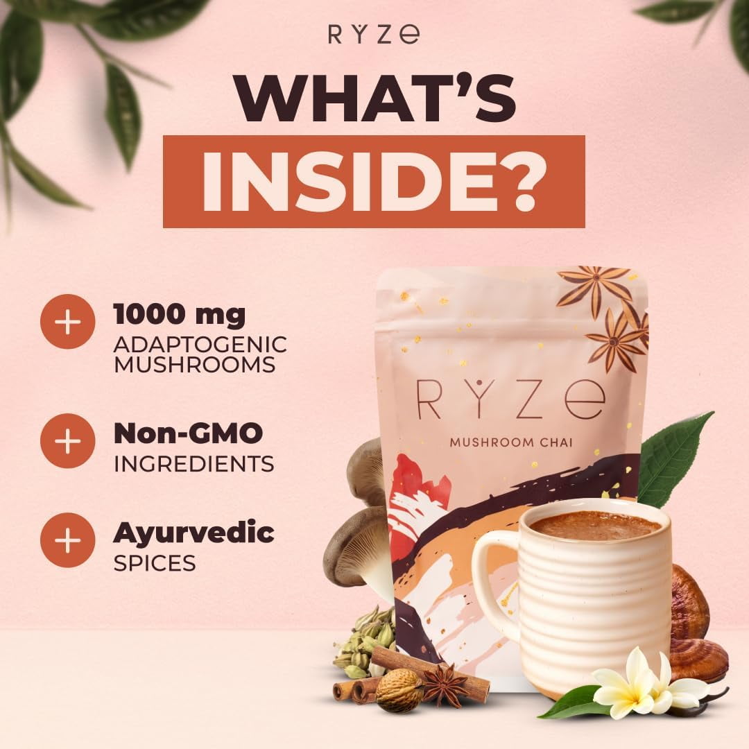 RYZE Mushroom Chai with 6 Organic Adaptogenic Mushrooms for Better Energy, Focus, Digestion, Immunity with Turkey Tail, Lion's Mane, Reishi 20 Serving