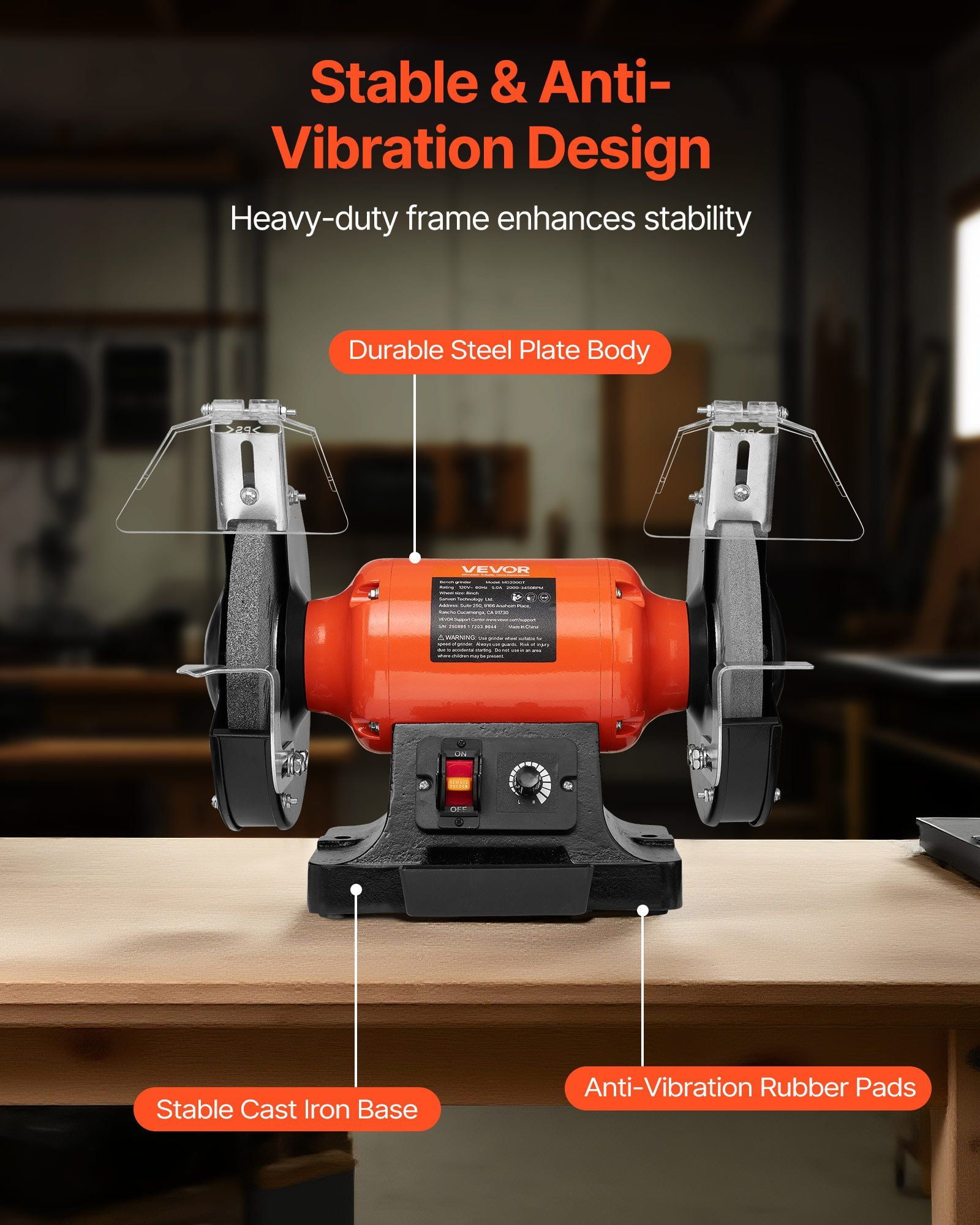 8" Variable Speed Bench Grinder, 550W Motor & 2 Wheels for Sharpening