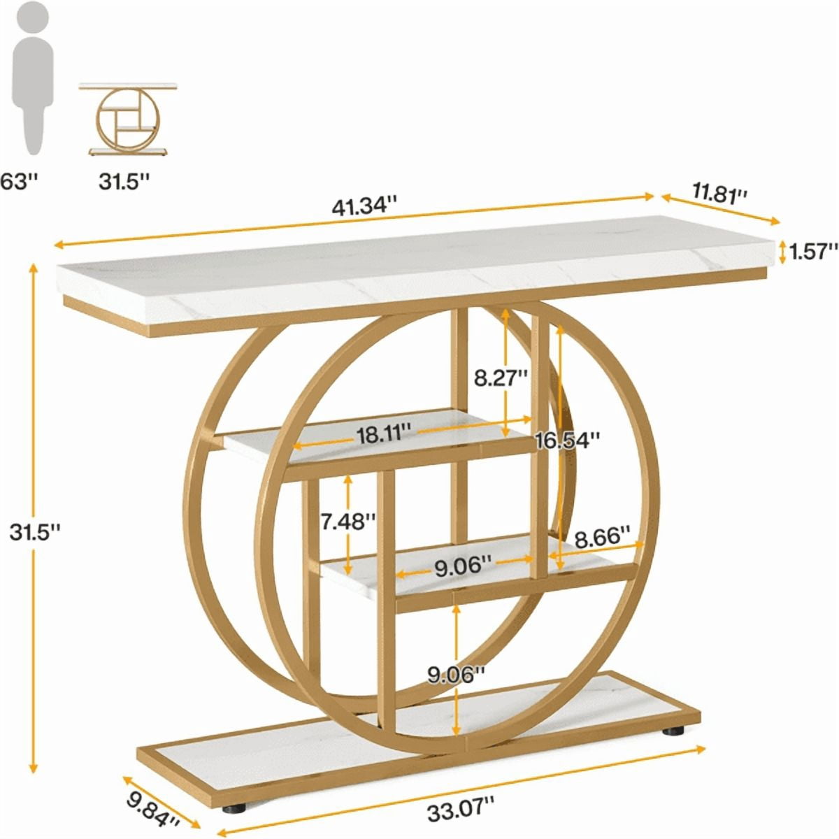 Industrial 4-Tier Console Table - 41.3" Rustic Brown with Circle Metal Base, 1.57" Thick Tabletop, Narrow Design for Entryway, Hallway, Living Room, Behind Couch