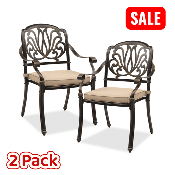 Tcbosik 2 Pack Stackable Chairs with Cushion, Cast Aluminum Dining Chair, Bistro Armchair for Poolside, Backyard, Balcony, Antique Bronze