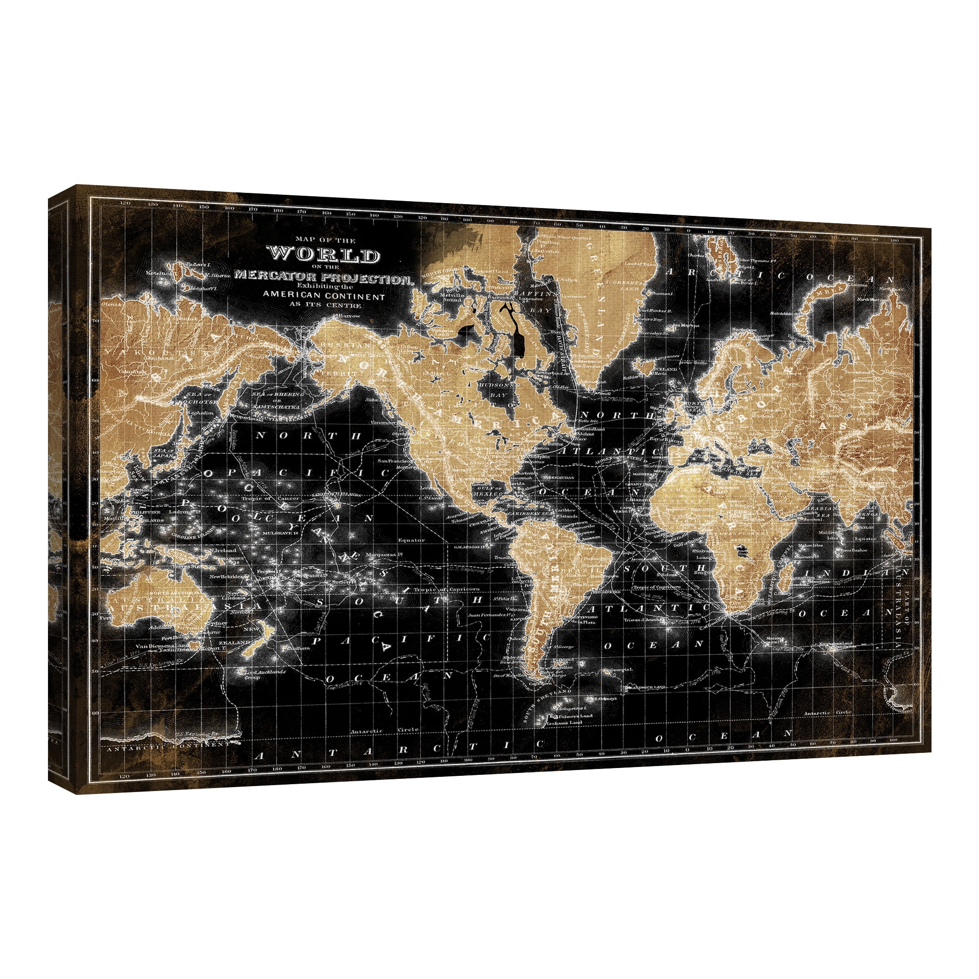 Masterpiece Art Gallery World Map On Black By Belle Maison Canvas Art Print 24" x 36"