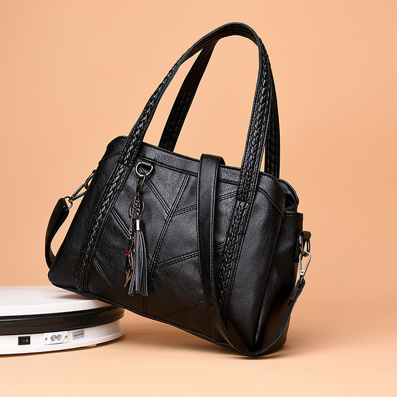 Stylago Large Crossbody Bags for Women Tassel Pendant Zipper Vintage Leather Multiple Compartments Shoulder Purses Tote Black