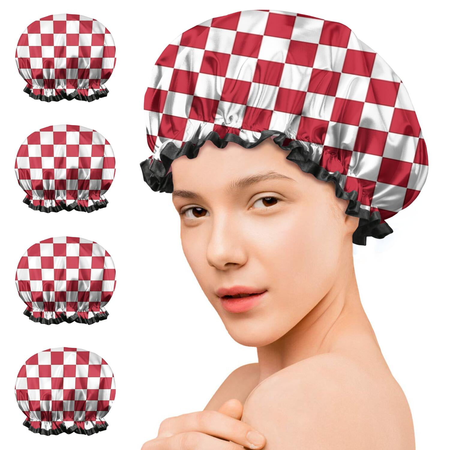 Shower Caps,Red and White Checkered Pattern Waterproof Shower Cap for Women 4 Pieces,Double Reusable Hair Cover for Shower PEVA Elastic Stretch Hem