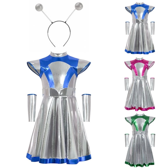 Auroural Silver Girls' Alien Party for Kids Girls' Alien Dress Space Girl Dress Metallic Dance Dress Headband Space Astronaut Dresses Carnival Fancy Dress Performance Dance Dress