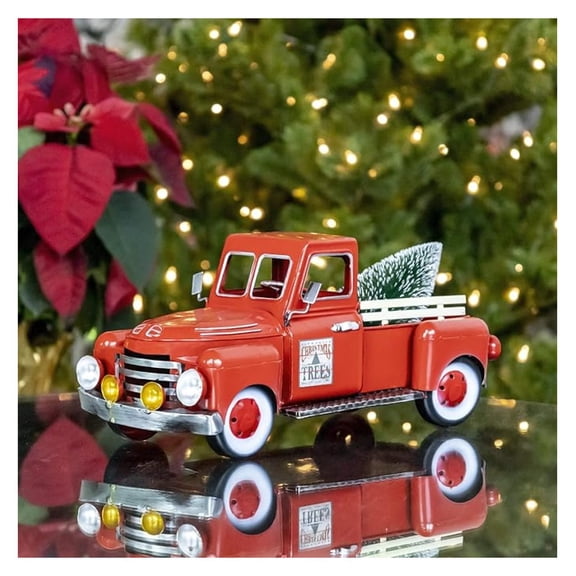 Red Metal Christmas Pickup Truck Decoration (Small 12" Long)