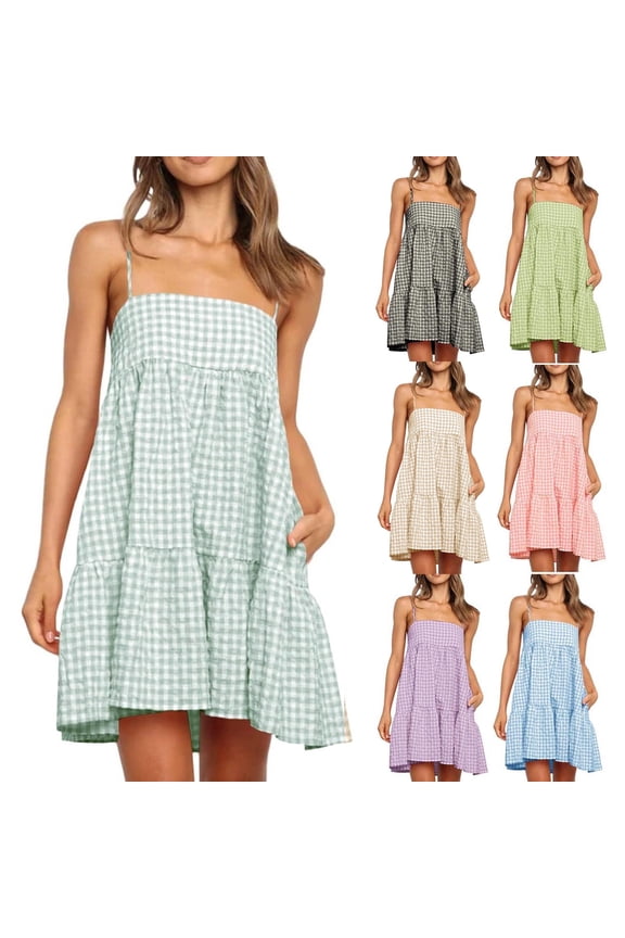 Womens Sleeveless Mini Dresses Plaid Holiday Slip Dress Summer Sundress Beach,Tank Pleated Dress for Junior Square Neckline