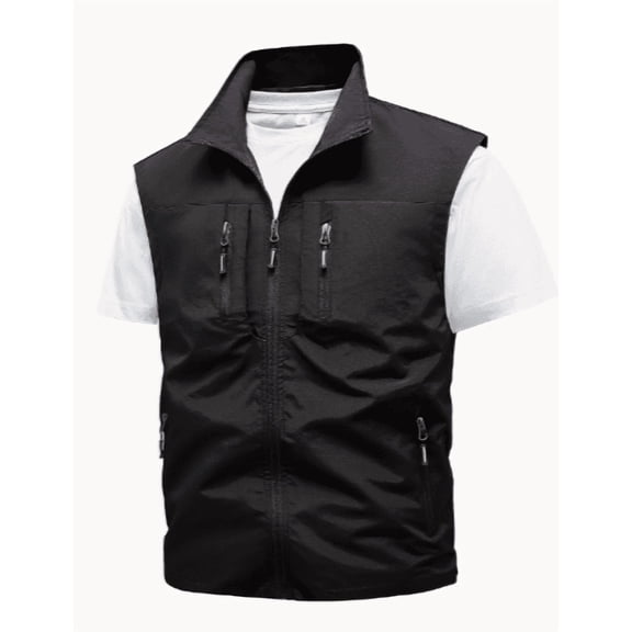 Men's Plus Size Multi-Pocket Zip-Up Workwear Vest, Lightweight Stand Collar Sleeveless Jacket with Zipper Pockets for Outdoor Fishing & All Season Wear
