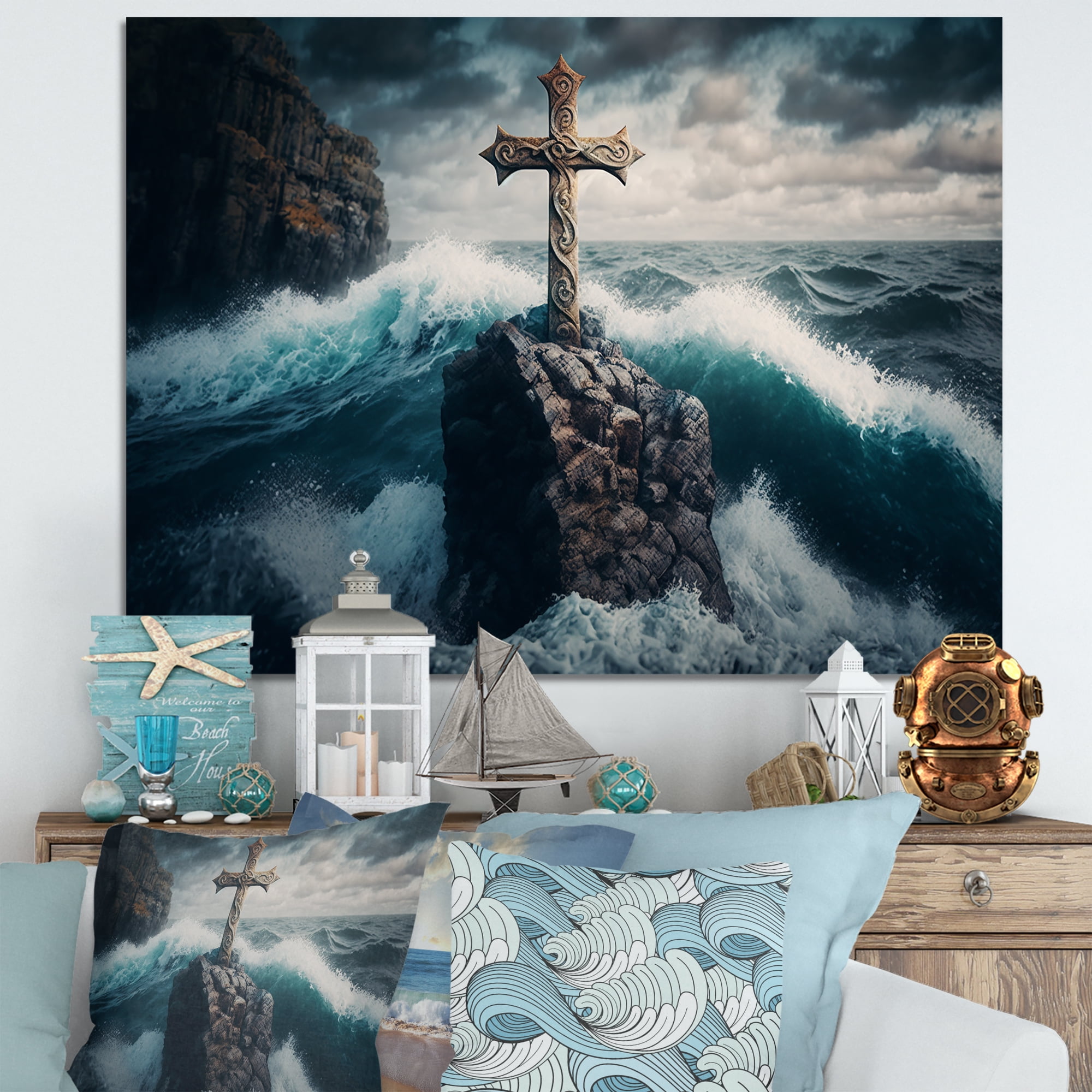 Designart Religious Cross In The Ocean Breaking Waves II Canvas Wall Art