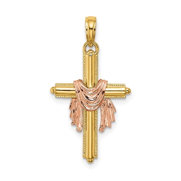 Polished Cross Pendant Necklace for Men and Women in Rose and Yellow Gold with Draped Sash Detail and Milgrain Edges Christian Symbol of Faith Spiritual Jewelry