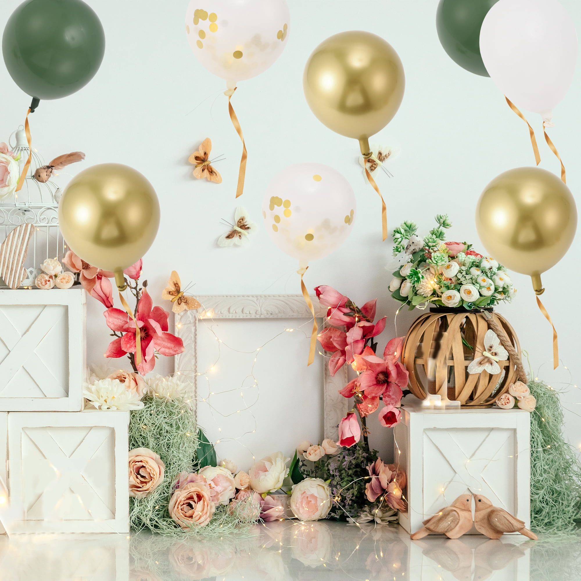 Unique Bargains Latex Party Balloons with Ribbon Green White Gold Tone Clear 10inch 20Pcs