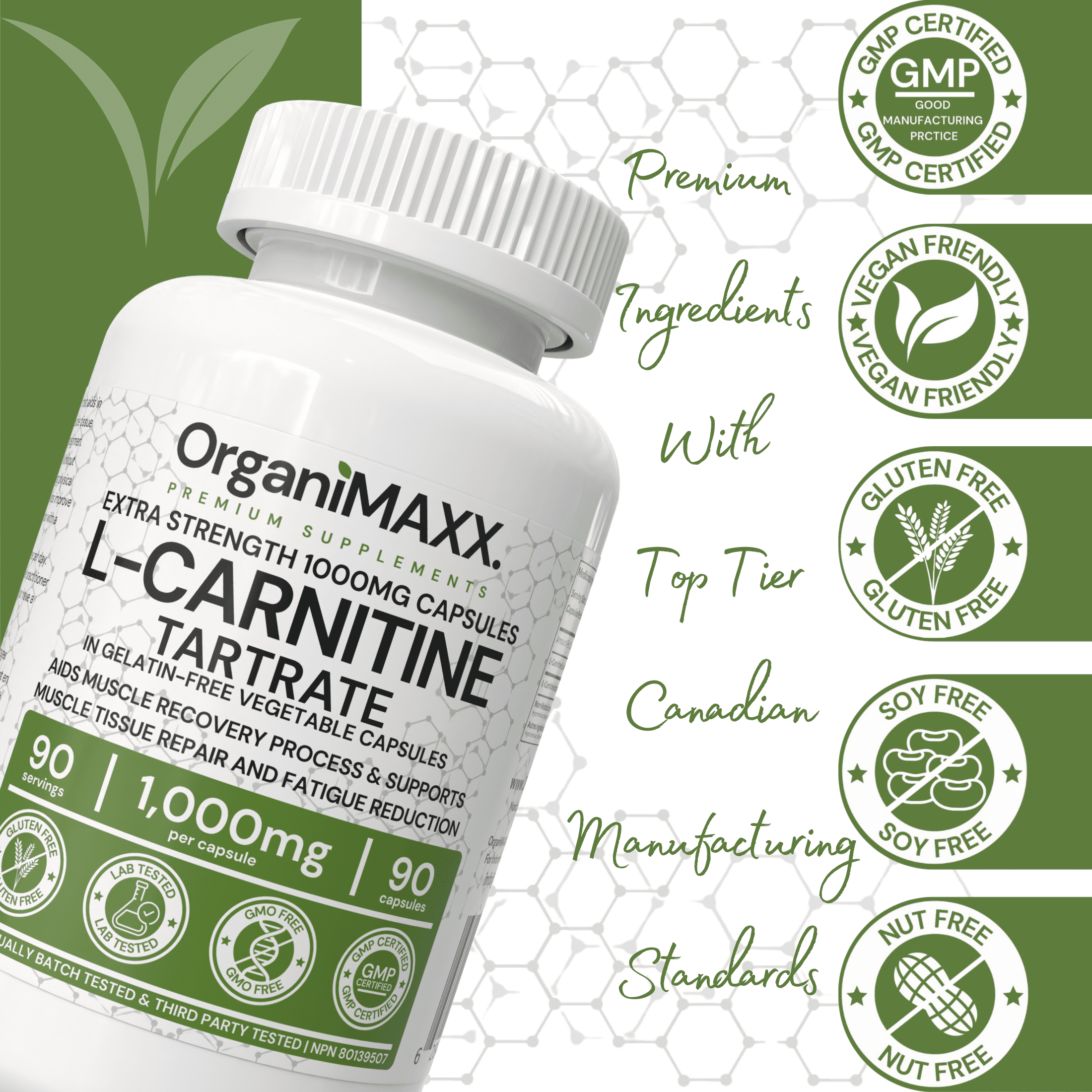L Carnitine DOUBLE STRENGTH 1,000mg One A Day Capsules OrganiMAXX L-Carnitine  Tartrate For Muscle Recovery Process