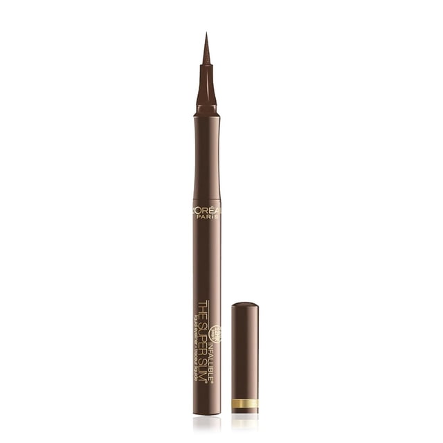 L'Oreal Paris Liquid Eyeliner Infallible Super Slim brown with ultra-fine 0.4mm felt tip for precise, smudge-proof, waterproof lines, uncapped with cap beside it on white background, suitable for creating detailed winged eyeliner looks.