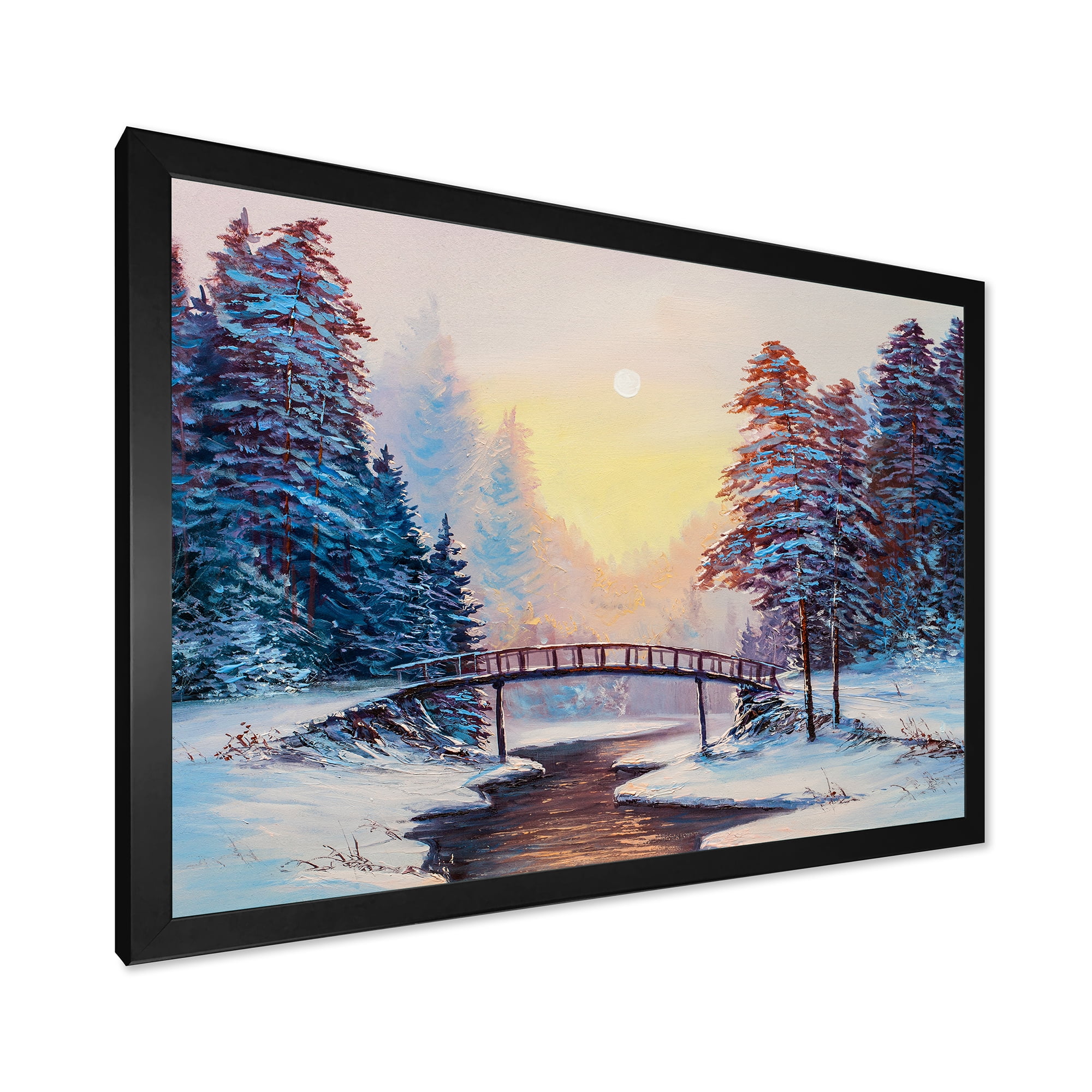 Designart 'Snow Covered Landscape and Little Bridge' Traditional Framed Art Print