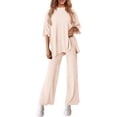 thumbnail image 5 of WTOBBY Women's Loose Fashion Solid Color Split Hem Round Neck Short Sleeve Top and Long Pants Two Piece Casual Summer Set for Women,Beige M, 5 of 6