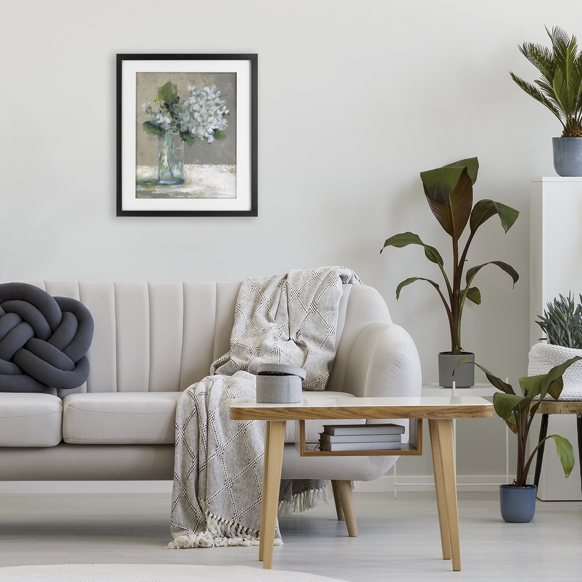 Stupell Industries Serene White Hydrangeas in Glass Black Framed Print Under Glass, design by Carol Robinson