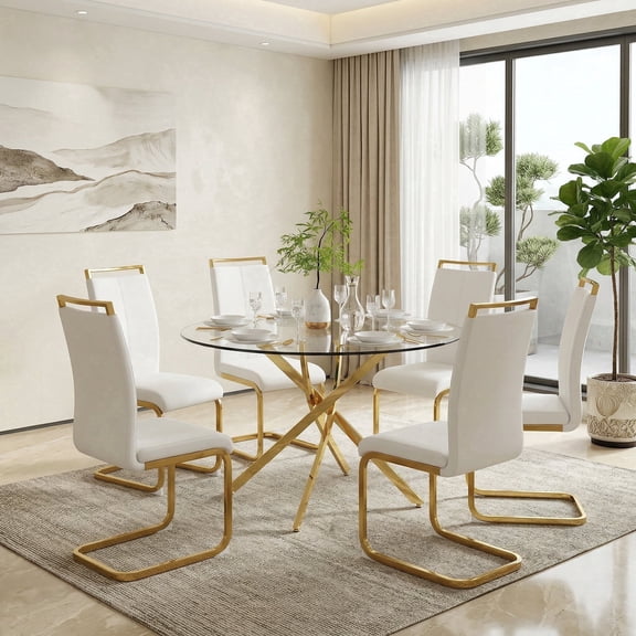 Sumdeal 7-Piece Dining Set, 47 in Round Tempered Glass Dining Table with 6 White PU Faux Leather Chairs, Gold Legs