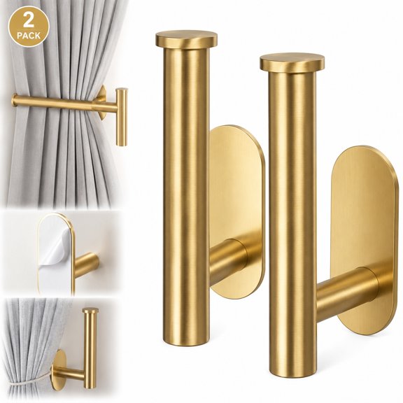 No-Drill Adhesive Curtain Holdbacks, 2 Pack Heavy Duty Damage-Free Wall Hooks, Adjustable & Reusable Hidden Holders for Drapes & Sheer Curtains, Gold