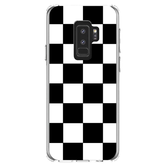 DistinctInk Clear Shockproof Hybrid Case for Samsung Galaxy S9  PLUS (6.2" Screen) - TPU Bumper, Acrylic Back, Tempered Glass Screen Protector - Black White Checkered Flag Geometric - Pattern