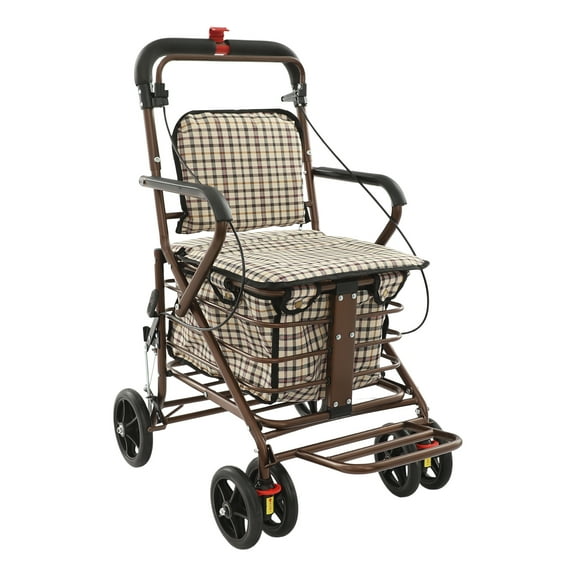 20.47*22.05*35.43in, Checkered Foldable Shopping Cart with Seat Utility Carts with Cushion Mobility Carts with Seat 2 in 1 Rollator Walking Aid with Storage Basket 220.46lbs Load-capacity
