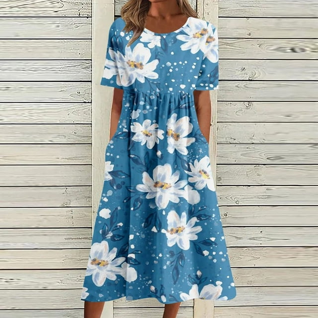 QJUHUNG Robe Midi à Manches Courtes Imprimée Florale Hawaïenne pour Femmes Robe Fluide avec Poches Tenue de Plage Ample