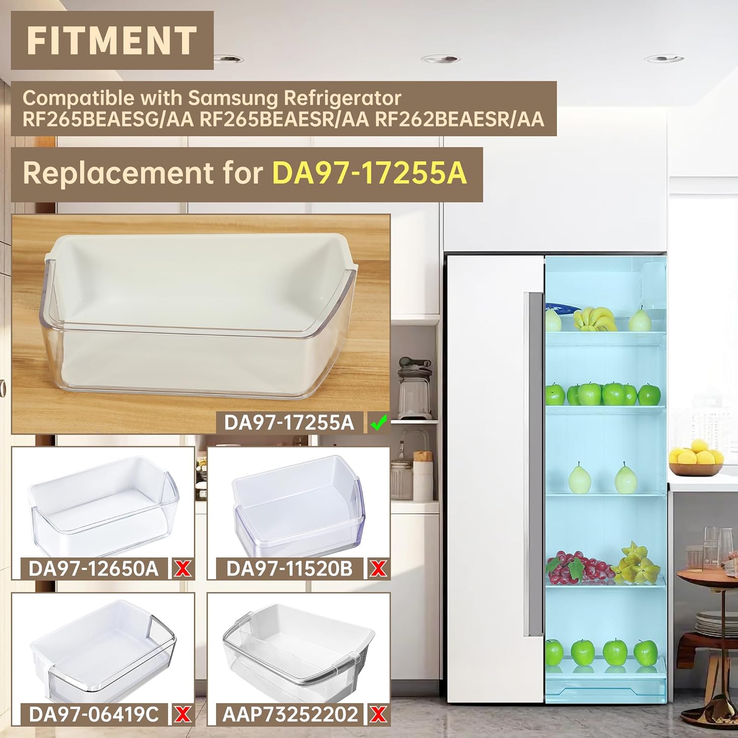 DA97-17255A Refrigerator Door Bin Compatible with Samsung Refrigerator Door Shelf Replacement,Right Fridge Door Shelf Parts AP6784023, RF265BEAESG/AA, RF265BEAESR/AA, RF262BEAESR Door Shelves