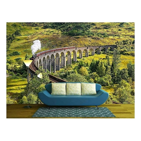 wall26 - Glenfinnan Railway Viaduct in Scotland with The Jacobite Steam Train Passing Over - Removable Wall Mural | Self-Adhesive Large Wallpaper - 100x144