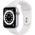thumbnail image 2 of Restored Apple Watch Series 6 (GPS + Cellular, 44 mm) Silver Aluminum Case with White Sport Band Bundle 5 Bonus Bands, Charging Stand, Screen Protector, & 2 amp charger (Refurbished), 2 of 13
