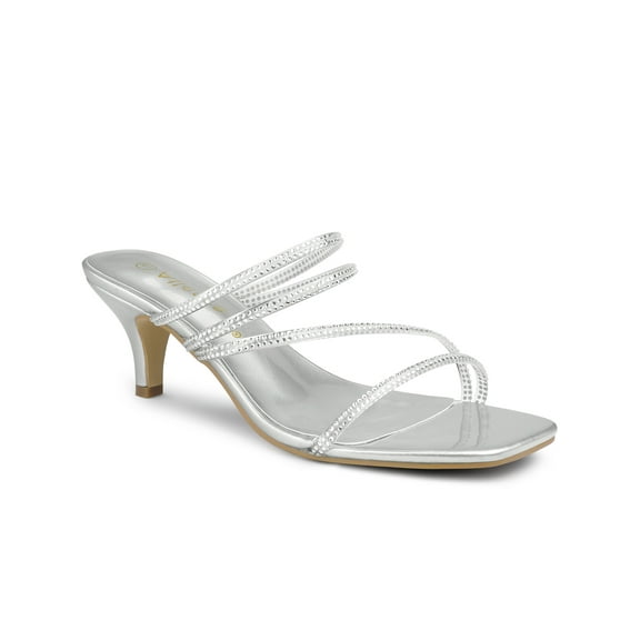 BLISSFUL STEP Women's Slide Sandal Rhinestone Strappy Square Toe Kitten Heel Slide Sandals Silver 8.5