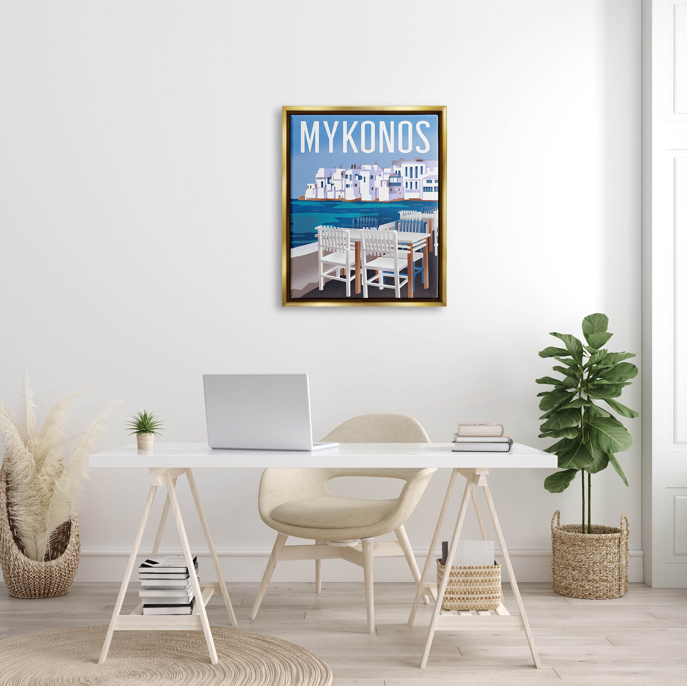 Stupell Industries Mykonos Seaside Vacation Graphic Art Metallic Gold Floating Framed Canvas Print Wall Art, Design by Ziwei Li