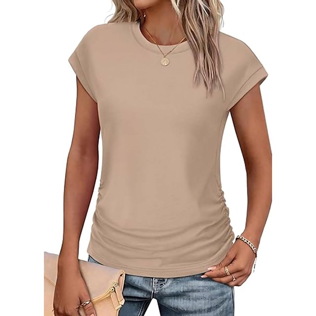Womens Summer Tops Ruched Cap Short Sleeve Tshirts Shirts Crew Neck T Shirts Fashion Khaki S