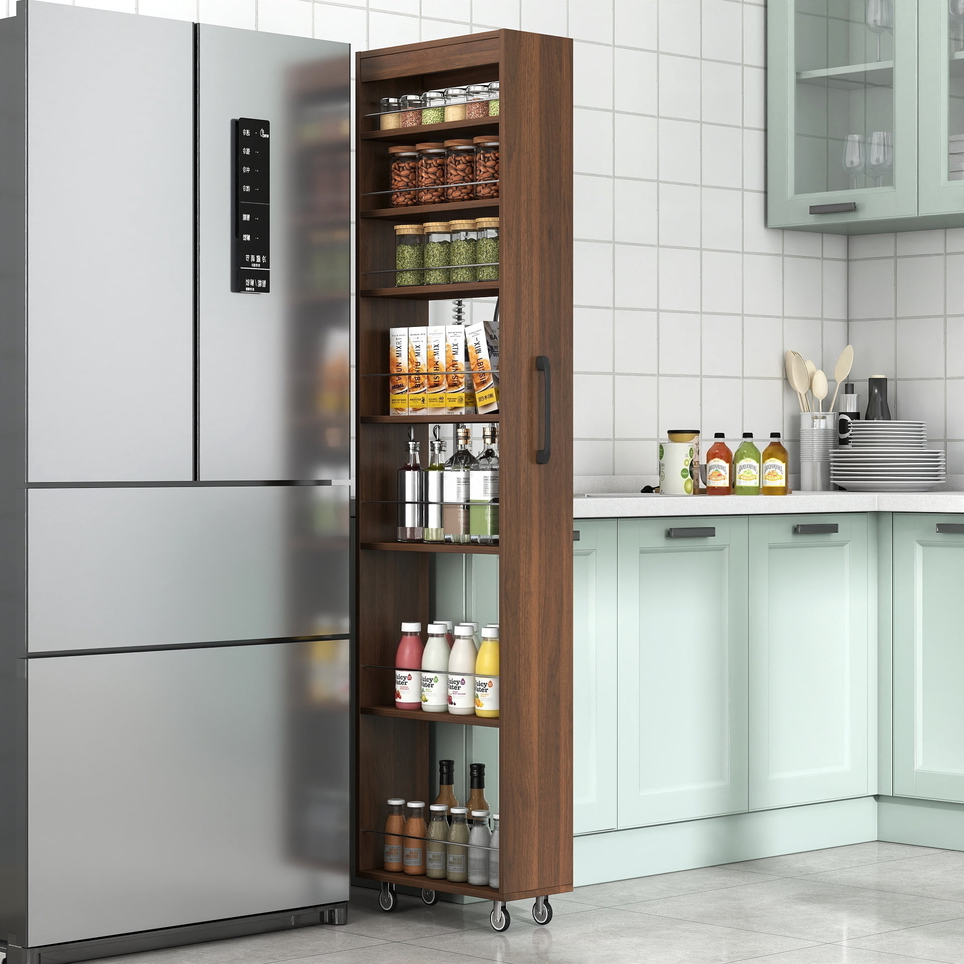 7-Tier Slim Pull-Out Storage Shelf Rolling Utility Cart for Narrow Kitchen Spaces, Walnut
