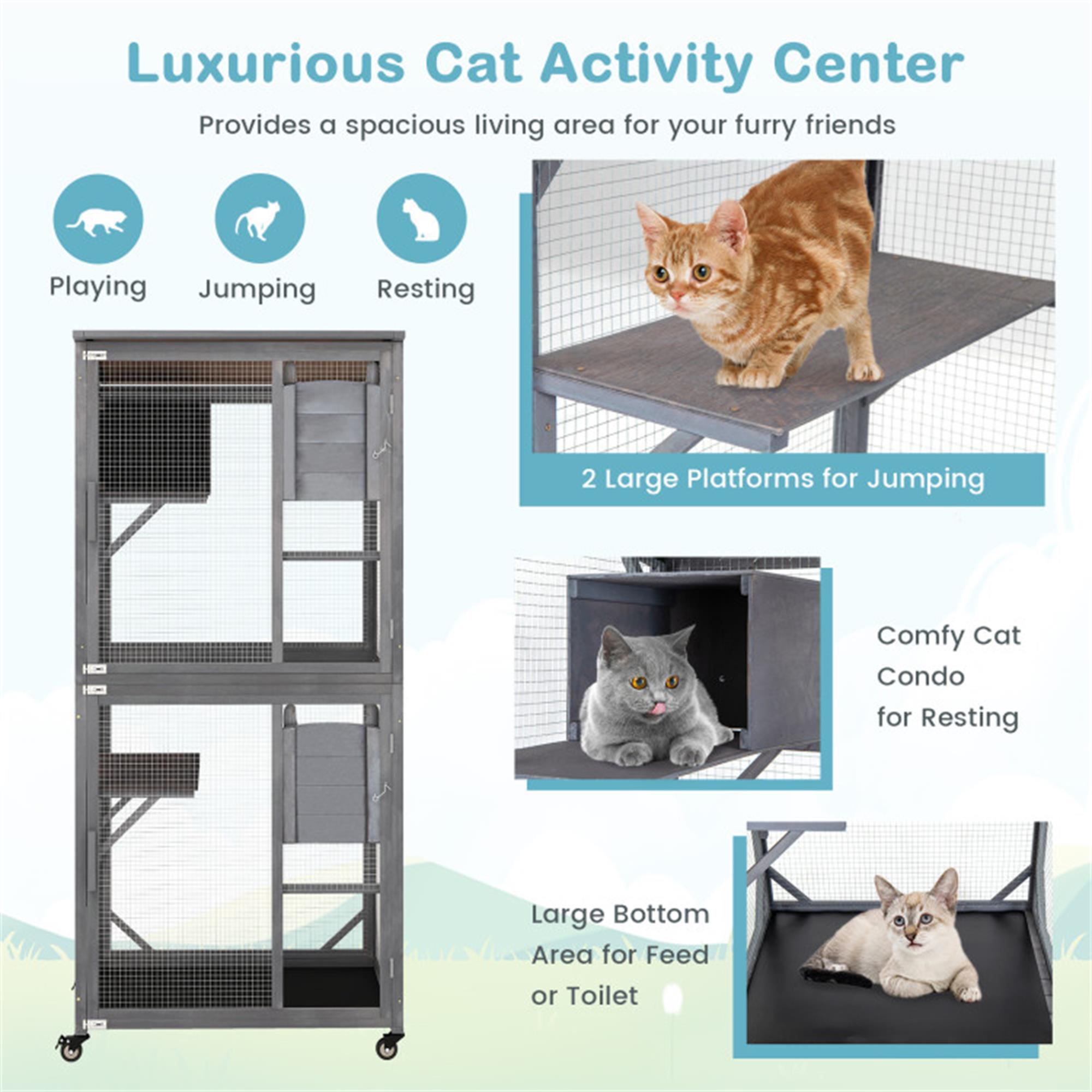 Pefilos 72" Outdoor Wood Cat House, 3 Floors Cat Enclosure Catio, Indoor Kitten Playpen with Resting Box, Cat Cage Waterproof Asphalt Roof, Gray