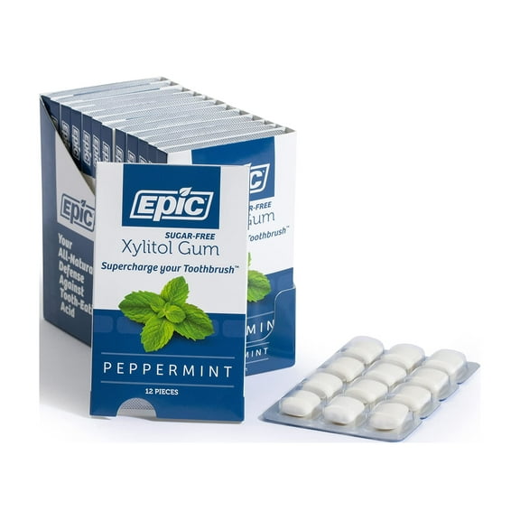 Epic Xylitol Chewing Gum - Sugar Free & Aspartame Free Chewing Gum Sweetened w/ Xylitol for Dry Mouth & Gum Health (Peppermint, 12-Piece Pack, 12 Packs)
