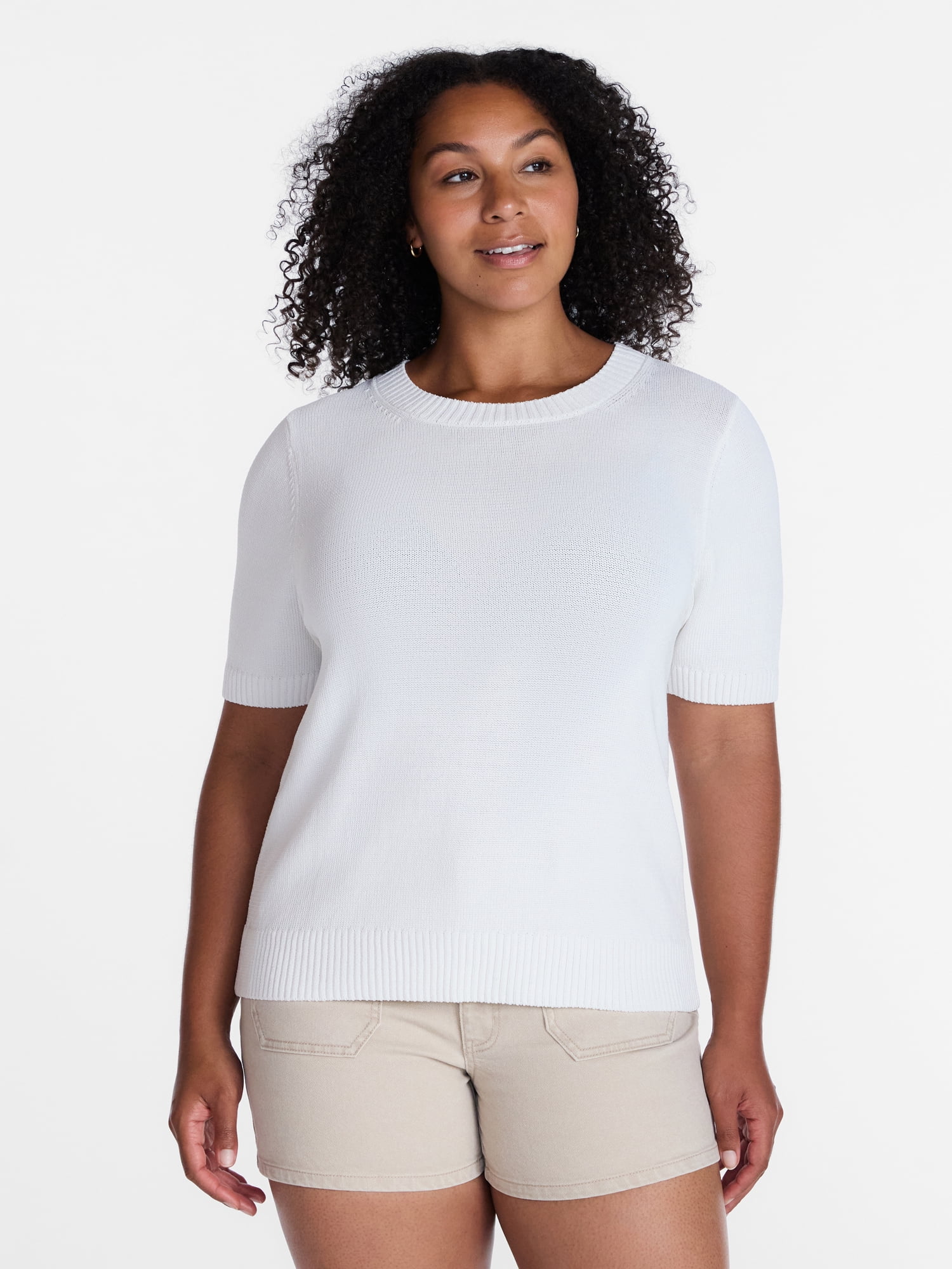 Time and Tru Women's Crewneck Sweater with Short Sleeves, Lightweight, Sizes XS-XXXL