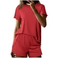 thumbnail image 2 of pstuiky 2 Piece Sets for Women Summer Solid Color Lightweight Pajama Set Lounge Loose Fit Crew Neck Short Sleeve Sleepwear with Shorts Loungewear Sets Woman Red XL, 2 of 7