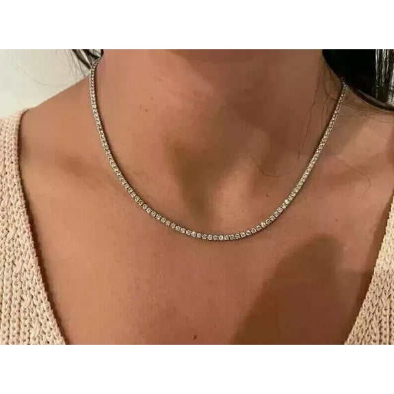 3mm Round Cut Lab-Created Diamond Women's Tennis Necklace 14K White Gold Plated.