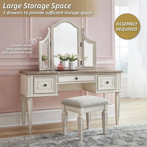 Signature Design by Ashley Realyn Vanity Set with 3-Panel Mirror and Upholstered Stool, Antique White/Brown