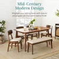 Best Choice Products 6-Piece Mid-Century Modern Upholstered Wooden Dining Set w/ 4 Chairs, Bench - Walnut/Cream