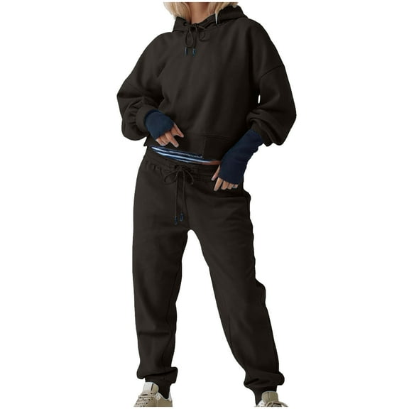 Cadancy Two Piece Athletic Sets for Women Cropped Long Sleeve Pullover Hoodies Drawstring Waist Joggers Sweatpants with Pockets Workout Lounge Tracksuit Loose Outfits 2025