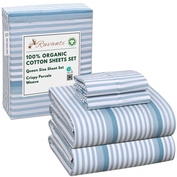 RUVANTI 100% Organic Cotton Sheets - Queen Sheet Set - 4 Piece Percale Weave Bedding, Crisp, Cooling & Breathable, Soft & Durable, 16" Deep Pocket, Hotel Quality Sábanas - Nautical Stripes