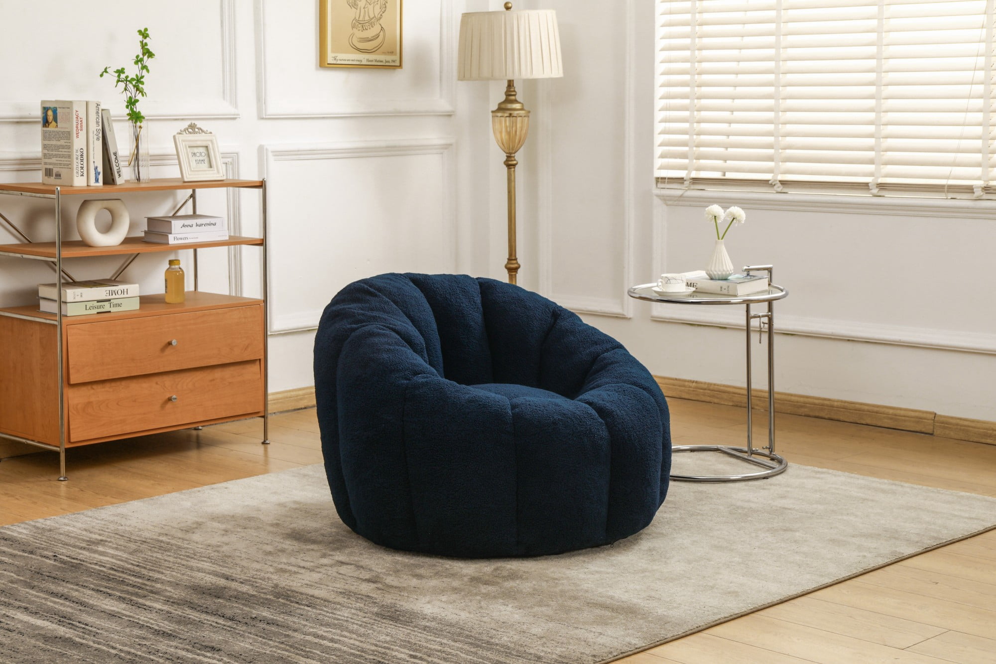 Bean Bag Chair for Adults, Faux Fur Memory Foam Bean Bag Sofa with Armrests, Fluffy Lazy Chair for Living Room Bedroom, Dark Blue