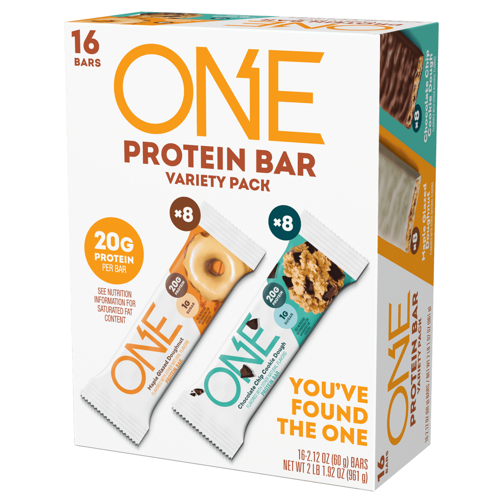 ONE Protein Bar, Maple Glazed Doughnut, Chocolate Chip Cookie Dough Variety Pack, 2.12 oz, 16 ct