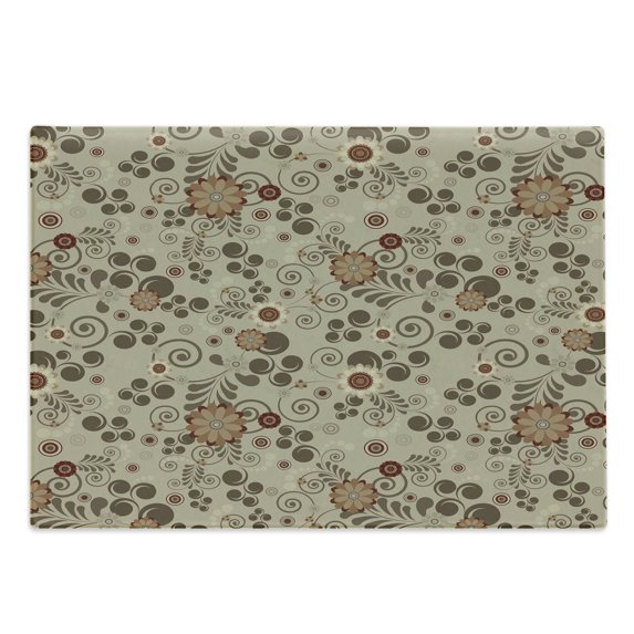 Grunge Cutting Board, Floral Pattern with Fantasy Elements Swirls Curves and Dots Retro Colors, Decorative Tempered Glass Cutting and Serving Board, Large Size, Tan Redwood Pale Brown, by Ambesonne