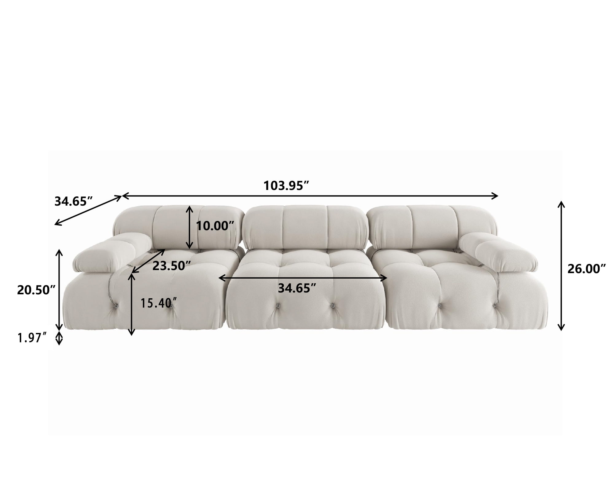 bokifol 104"Modular Sectional Sofa for Living Room,Cloud Couch 3-Seat Sofa for Apartment,Office,Bedroom,Beige