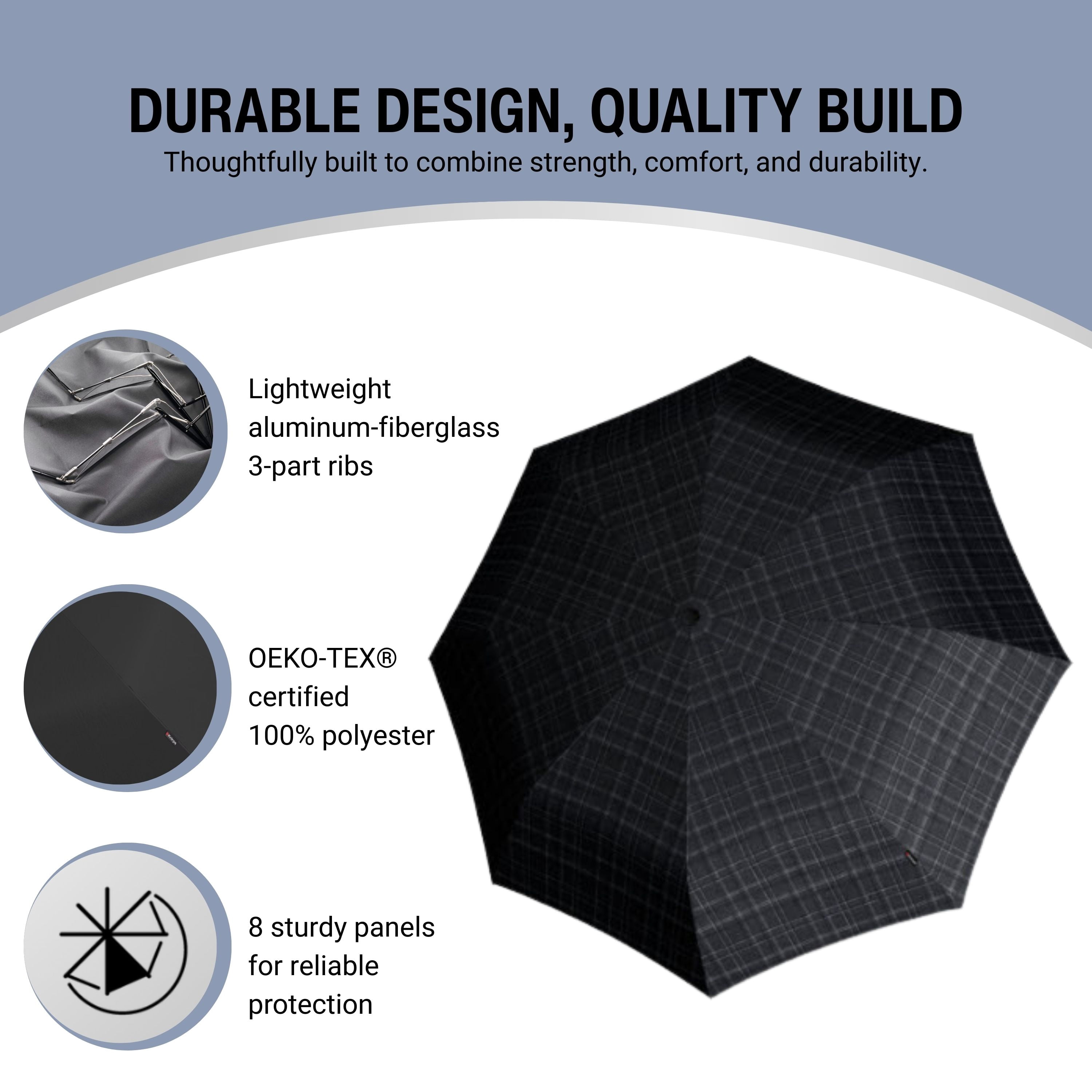 Knirps T.260 Duomatic Medium Pocket Rain Umbrella in Men's Check – Automatic Open Close, Wind-Tunnel Tested to 93mph, Hook Handle Design, 38in Canopy, OEKO-TEX, Fits in Backpacks & Purses