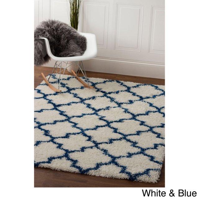 Super Area Rugs, Cozy Plush White & Blue Trellis Shag Rug, 5' x 7' 2