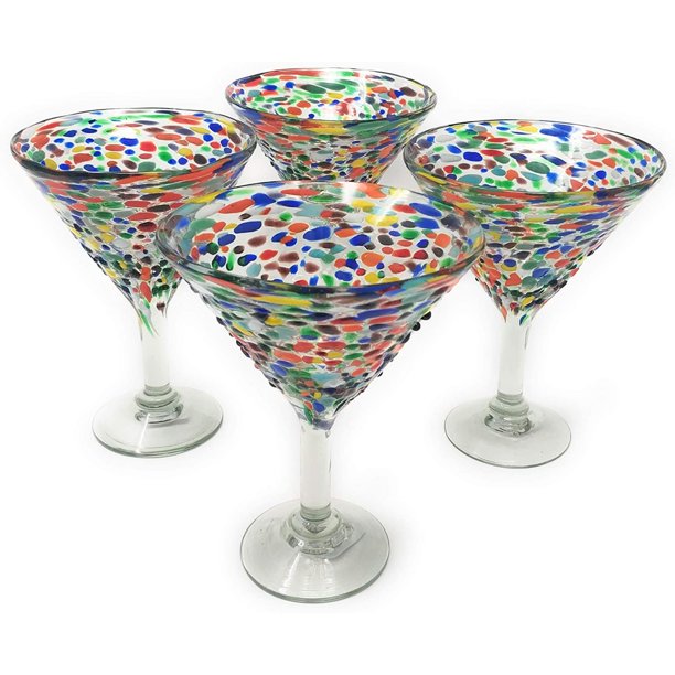 Mexican Hand Blown Modern Margarita Glasses Set of 4 Confetti Rock
